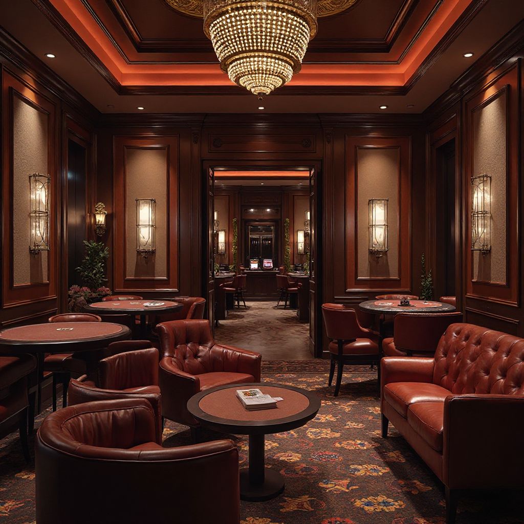 The Grand House — lounge com poltronas de couro e lustres de cristal